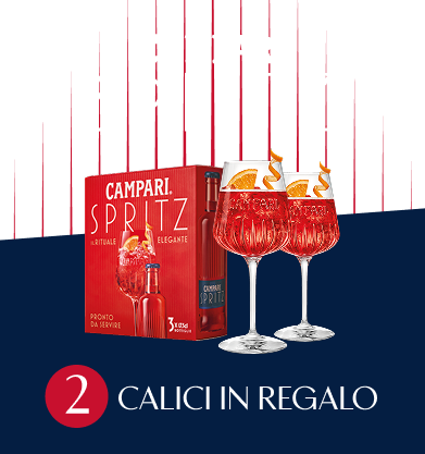 Campari Spritz pronto da service. Acquista 1 confezione e ricevi a casa 2 calici in regalo